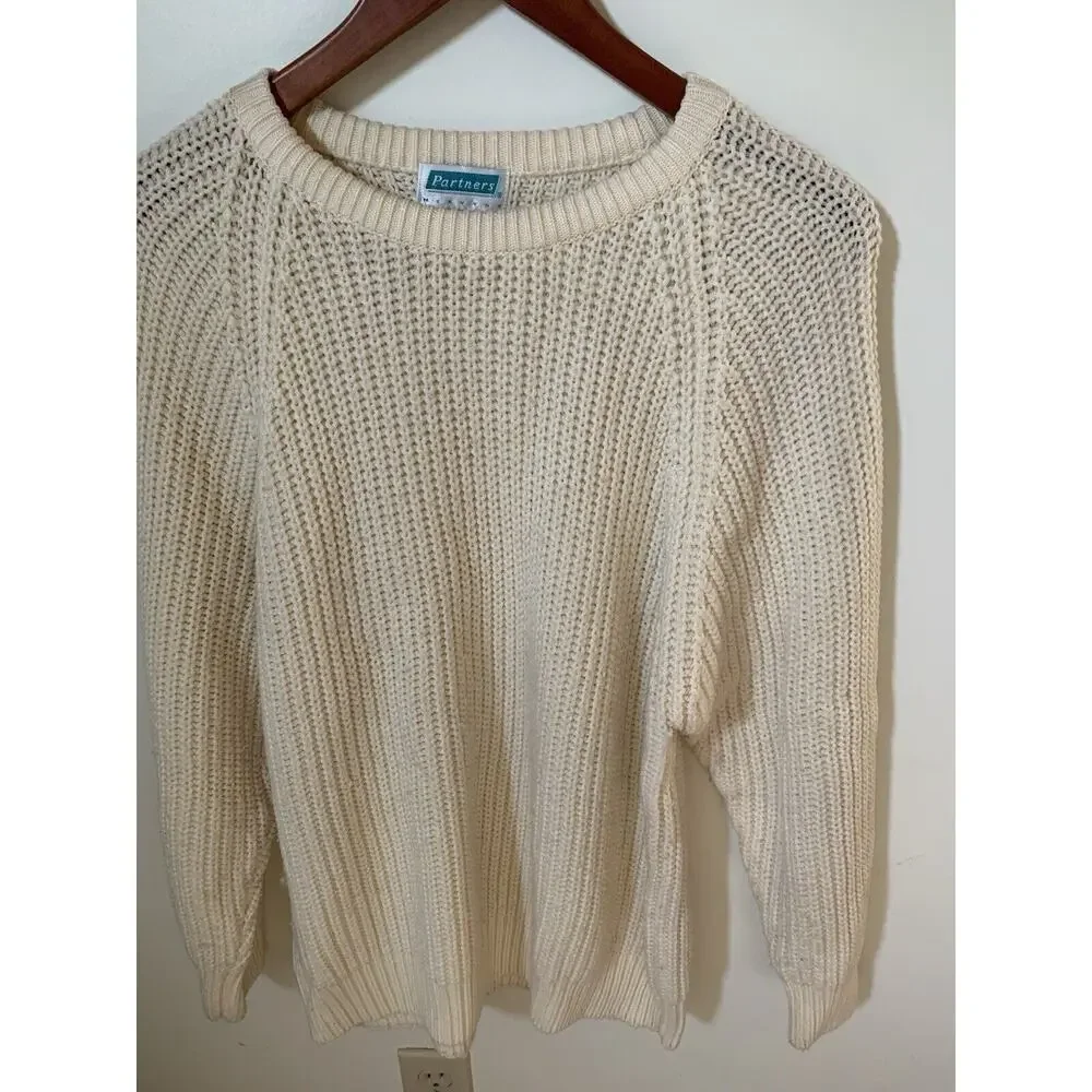 Partners Mervyns Womens Size Large Chunky Knit Sweater Cream Vintage Crewneck - Picture 2 of 6